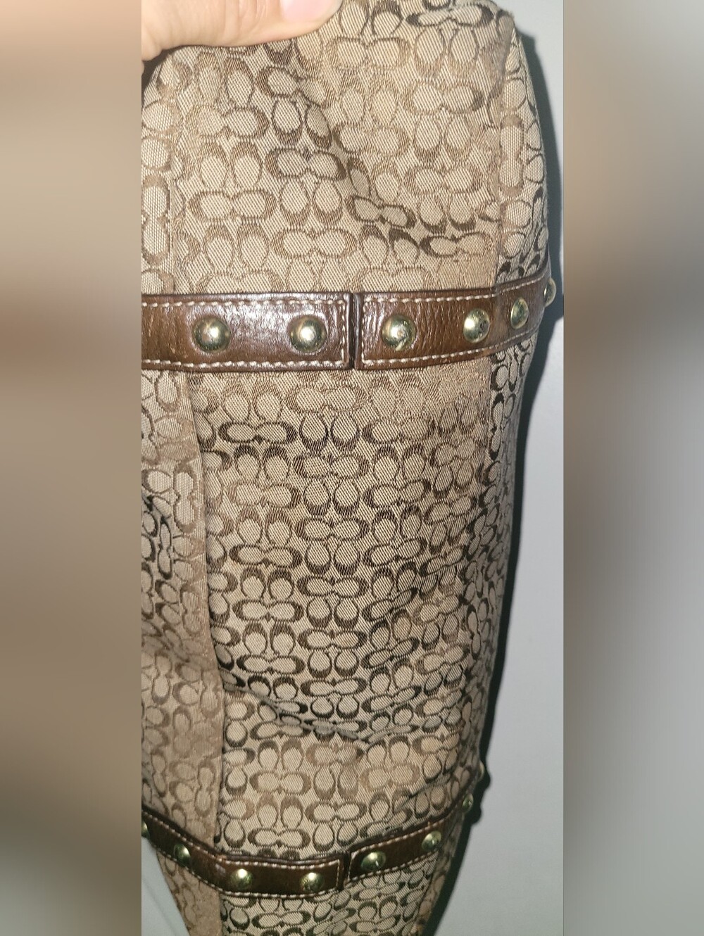 Coach Soho Khaki Signature C Studded Leather Lg Gallery Tote Bag Purse Rare - Picture 12 of 16